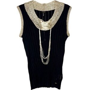 ESCADA Silk/Metallic Ribbed Knit Sleeveless Stretch Top - Black/Silver - XL